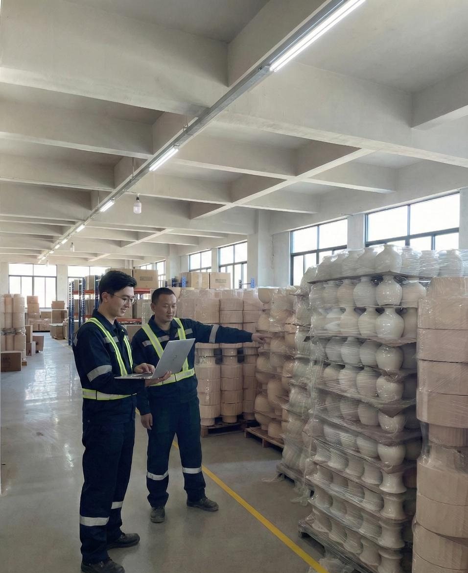 Pallets of wrapped ceramics on the floor of Zach’s family’s factory